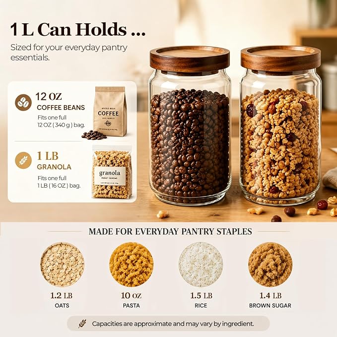 ComSaf Glass Jar with Acacia Wood Lid 34oz 1Pack, Food Storage Container | 1L Canister, Oats Coffee Sugar Pasta Candy Cookies Nuts, Kitchen Pantry, Decorative, Countertop Display, Food-Grade, Label