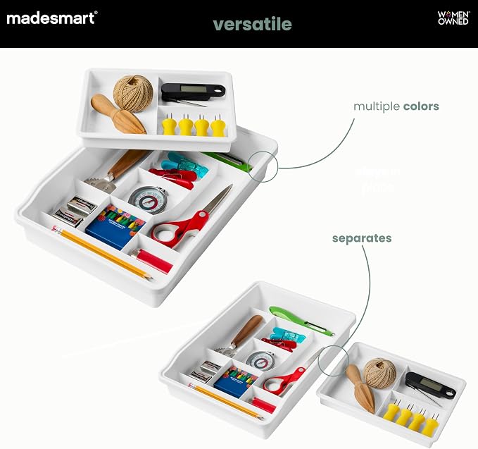 madesmart Original Junk Drawer Organizer® with Sliding Top Tray, 13 Compartments, Multi-Purpose Storage for Kitchen, Office & Bathroom Drawers, Carbon