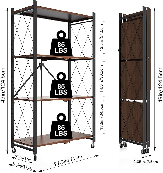4 Tier Folding Storage Shelves with Wheels, Foldable Bookshelf No Assembly Collapsible Shelf Heavy Duty Rolling Shelving Unit for Kitchen Bedroom Living Room (Black, 27.9"x 13.3"x 49")