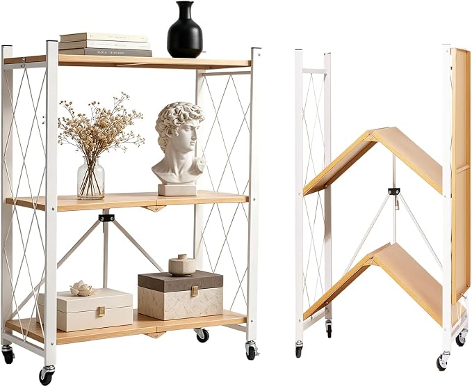 3-Tier Folding Storage Shelves with Wheels – No Assembly, Heavy Duty Collapsible Rolling Shelf Unit for Kitchen, Bedroom, Living Room