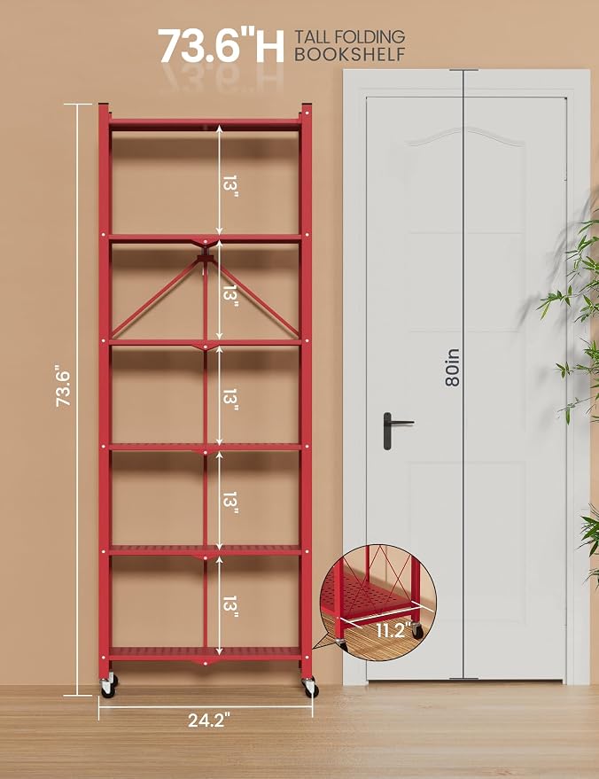 ALANNG 73.6 Inch Folding Bookshelf, 6 Tier Metal Bookcase and Bookshelves | Tall Shelves for Living Room Office Bedroom, Heavy Duty Book Shelve Free Standing Open (Red, 3PACK)