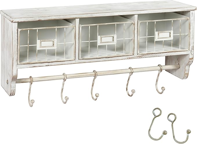 BizChair Wall Mounted Storage Rack - Whitewashed Solid Pine Wood - 24 Inch - Upper Shelf - 5 Hooks - Wire Baskets - For Entryway, Kitchen, Bathroom