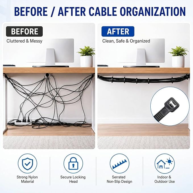Zip Ties 8 inch, 100 Pack Heavy Duty Black Zip Ties with 100 lbs Tensile Strength, Self-Locking Nylon Cable Ties,Wire Ties for indoor and outdoor use.