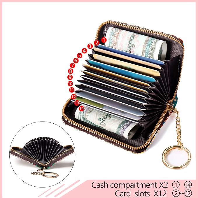 Blusabaca RFID Credit Card Holder Small Women Travel Wallet, Sea Turtle | Removable Keychain, Case with Zipper, Vegan PU Leather, Cash Coin Pocket, Business Accordion Purse, Ladies Female Gift