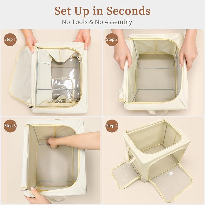 GoMaihe 3 Opening Clothes Storage Bins with Metal Frame, 40L Sweater Storage Organizer for Upper Shelf Closet Storage Boxes with Clear Window for Hoodies Jeans Towel 6-Pack Beige