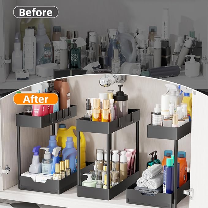 Simple Trending Multi-Purpose Pull-Out Storage Organizers, 2 Tier Under Sink Organizer, Stackable Cabinet Drawers Bins for Kitchen, Bathroom, Closet, Black, 3 Packs