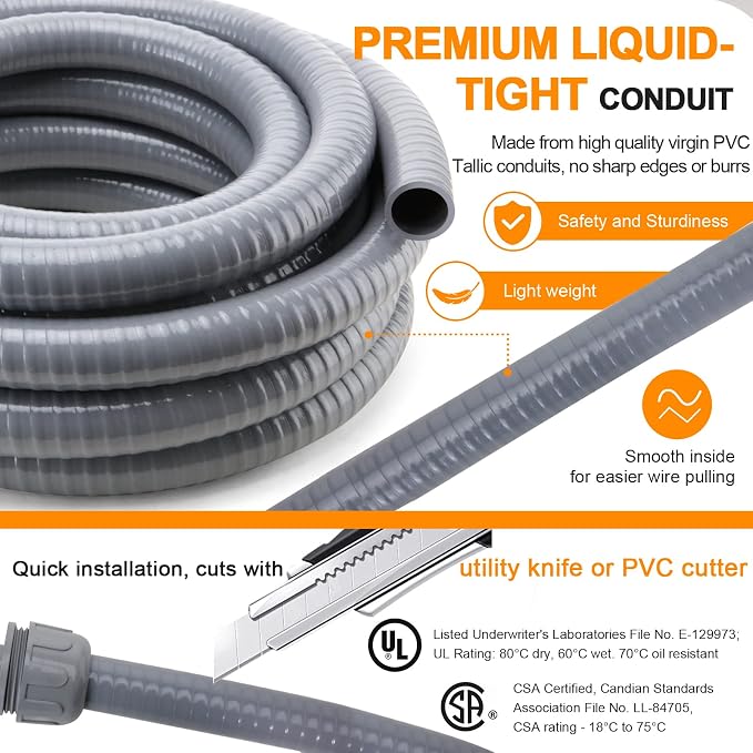 DWALE Liquid-Tight Conduit and Connector Kit,Flexible Non Metallic Liquid Tight Electrical Conduit,1-1/4inch100ft Electrical Conduit Kit,with4 Straight and2 Angle Fittings Included,1-1.4 in. Dia