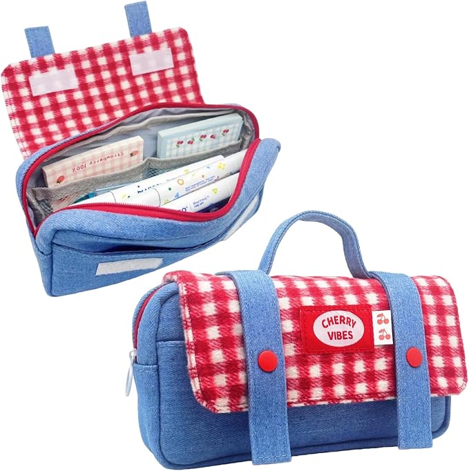 Cute Checkered Pencil Case, Red White Plaid with Denim Patchwork, Large Capacity Gingham Pattern Pen Bag with Handle, Big Stationery Organizer, Multi-Use Storage Pouch, 8.7x1.6x4.7 Inches, Blue