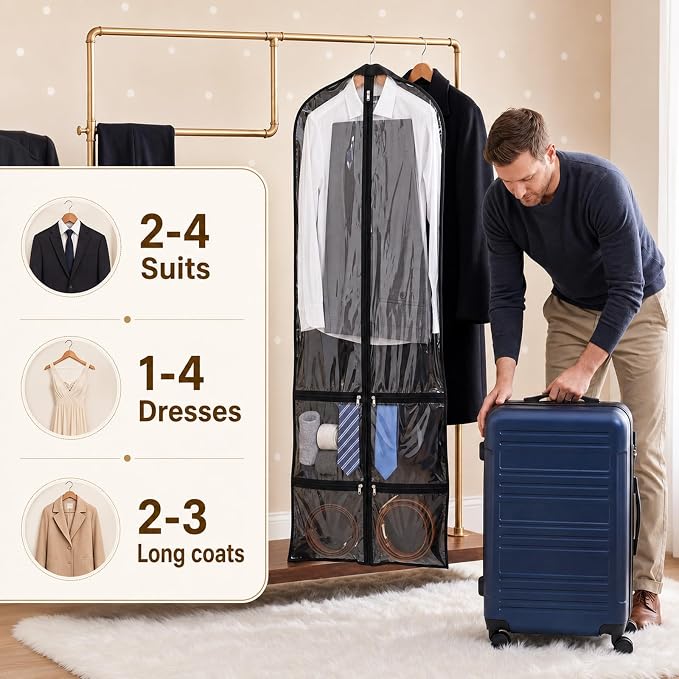Tranqun 12 Pack 65" Long Wedding Garment Bags for Gowns 4" Gusseted Clear Dress Travel Bag for Hanging Clothes Foldable Wedding Dress Cover with 4 Zipper Pockets for Closet Storage and Travel (Black)