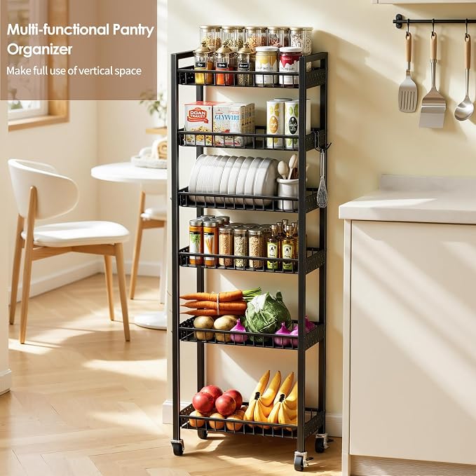 6 Tier Slim Storage Cart, Narrow Rolling Cart with Wheels, 10in(W) | Narrow Mobile Utility Shelf Unit Organizer for Kitchen, Bathroom, Laundry Room, Living Room, Small Places, Black