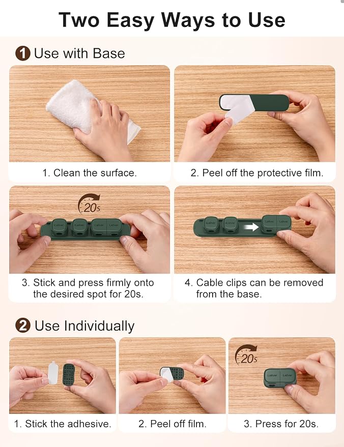 6 Pack Magnetic Cable Clips [1s Open/Lock], Cord Organizer Holder | Strong Adhesive Desk Cable Management- Organize Charging Cords Neatly for Home, Office, Car,Desk, Nightstand-Dark Green