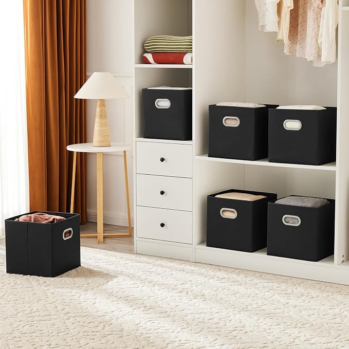 MAX Houser Fabric Storage Bins Cubes Baskets Containers with Dual Plastic Handles for Home Closet Bedroom Drawers Organizers (Black)