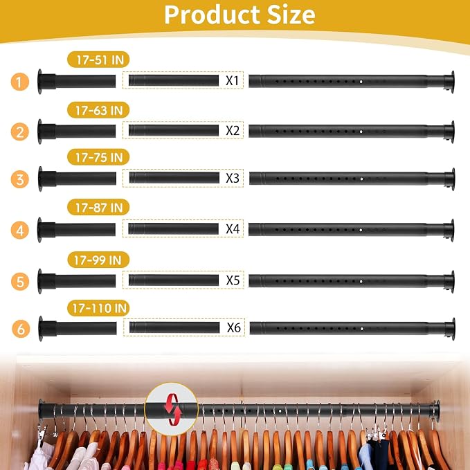 Closet Rod, 17 to 63 Inch Adjustable Closet Rod for Rugged Durability,1.3 Inch Diameter Heavy Duty Closet Rods for Hanging Clothes,Premium Metal Black Closet Poles for Wardrobes