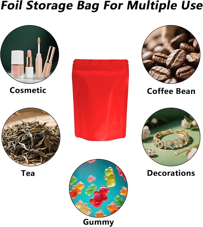100PCS Smell Proof Resealable Pouch Bags,ULIFESTAR Aluminum Foil Flat Food Storage Bag,Sealable Pcsaging Zipper Pouches with Tear Notches for Pcsaging Lipgloss,Jewelry,etc(14 * 20cm/5.51 * 7.87",Red)