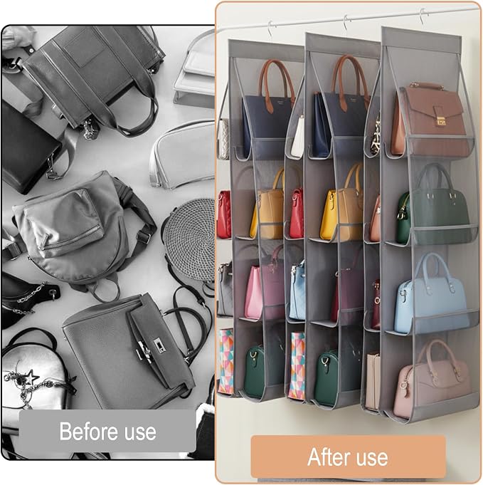 3 Pack Hanging Handbag Organizer for Closet, Purse Organizer For Closet, Handbag Storage Holder with 8 Clear PVC Pockets, Sturdy Hook for Wardrobe Door and Wall, Space Saving Gray