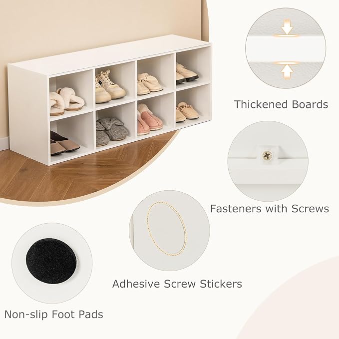 Tangkula 8 Cubbies Shoe Storage Bench, Shoe Organizer with 500 LBS Weight Capacity, Cubby Shoe Rack Storage Cabinet for Entryway, Hallway, Living Room and Bedroom (White)
