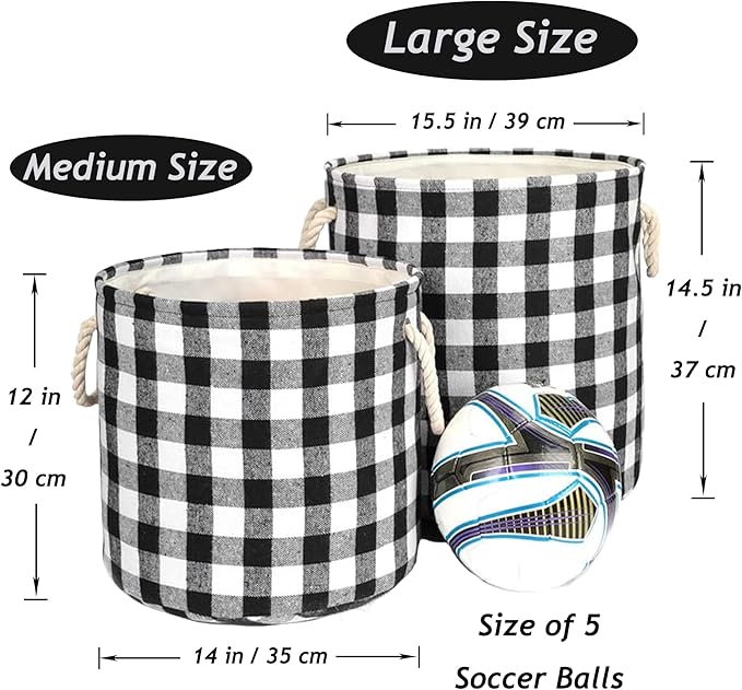 Round Laundry Basket Foldable Storage Baskets Home Organization Containers Buffalo Checked with Rope Handles, White Black Grid, L