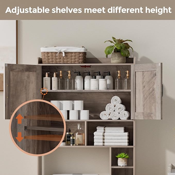 Homhedy Wooden Over The Toilet Storage Cabinet with Barn Door | Freestanding Bathroom Storage, Toilet Paper Holder, Adjustable Shelf,Space-Saving, Farmhouse Style, Greige