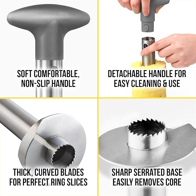 Zulay Kitchen Stainless Steel Pineapple Corer & Slicer – Heavy Duty Pineapple Cutter & Eye Removal Tool – Effortless Core Remover Tool with Sharp Reinforced Blade & Ergonomic Handle - Gray