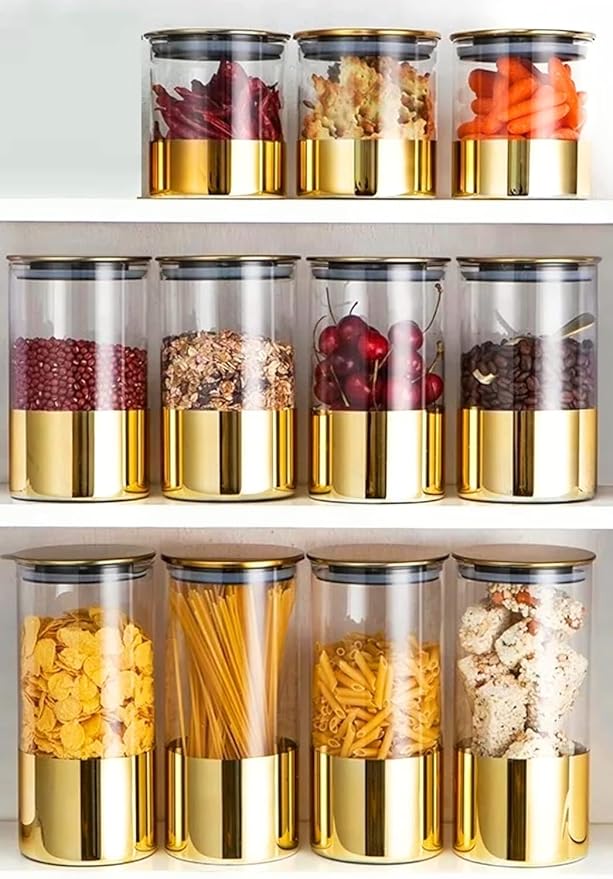 3-Piece Gold-Plated Storage Jars with Gold Lids - Elegant Kitchen Canister Set