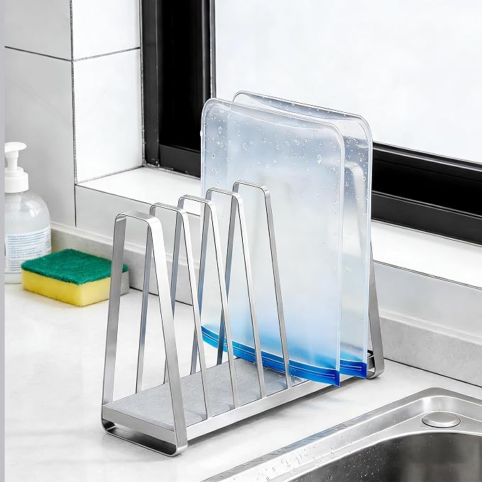 YIGII - Reusable Bag Drying Rack - Built in Quikly Dry Diatomite Stone Tray, Kitchen Drying Rack for Ziplock/Sandwich Storage Bags, Plastic Bag Drying Rack, Silver