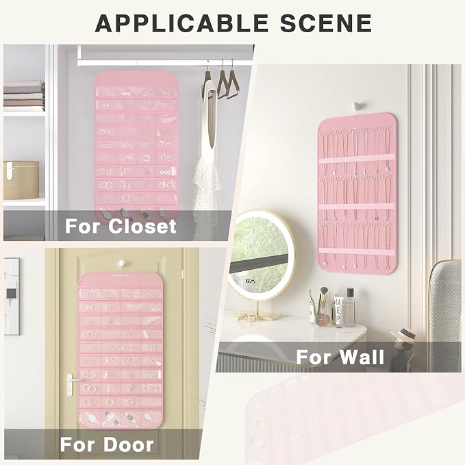 Double-Sided Hanging Jewelry Organizer for Necklaces Earrings, 2-Pack, Pink | Foldable 36 hooks & 40 clear pockets; swivel hook fits walls, doors & rods for earrings, bracelets, rings & small jewelry