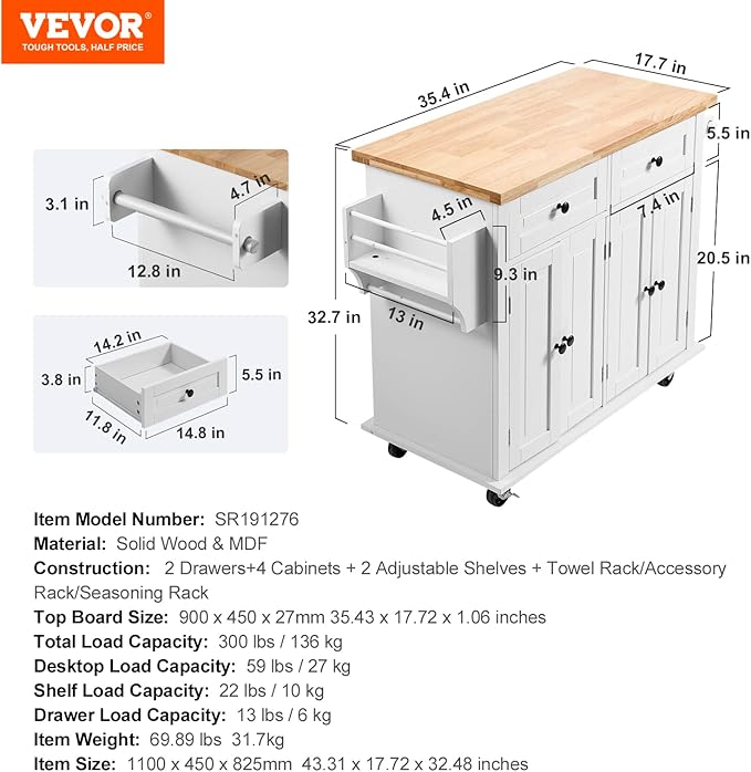 VEVOR Kitchen Island Cart with Solid Wood Top, 35.4" Width Mobile Carts with Storage Cabinet, Rolling Kitchen Table with Spice Rack, Towel Rack, and Drawer, Portable Islands on Wheels, White | Rolling Kitchen Table with Storage Cabinet, Spice Rack, Tow...