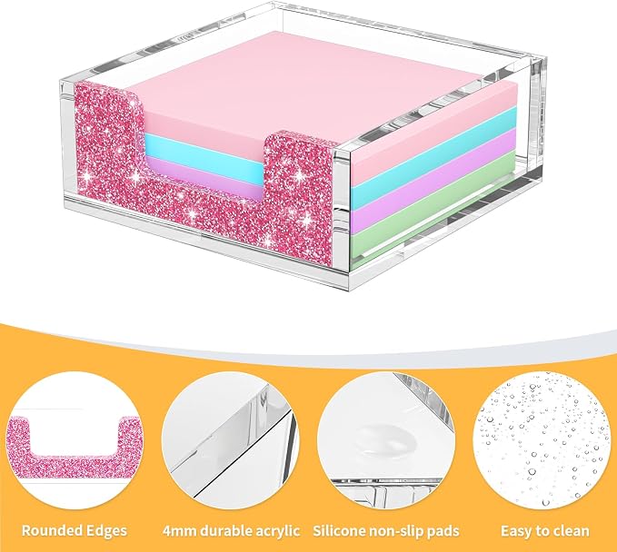 Acrylic Notepad Dispenser Organizer - 3 x 3 in Clear and Glitter Pink Sticky Note Holder W/O Pads Memo Holder for Dorm Room School Classroom Office Desk Organizer Aesthetic Supplies