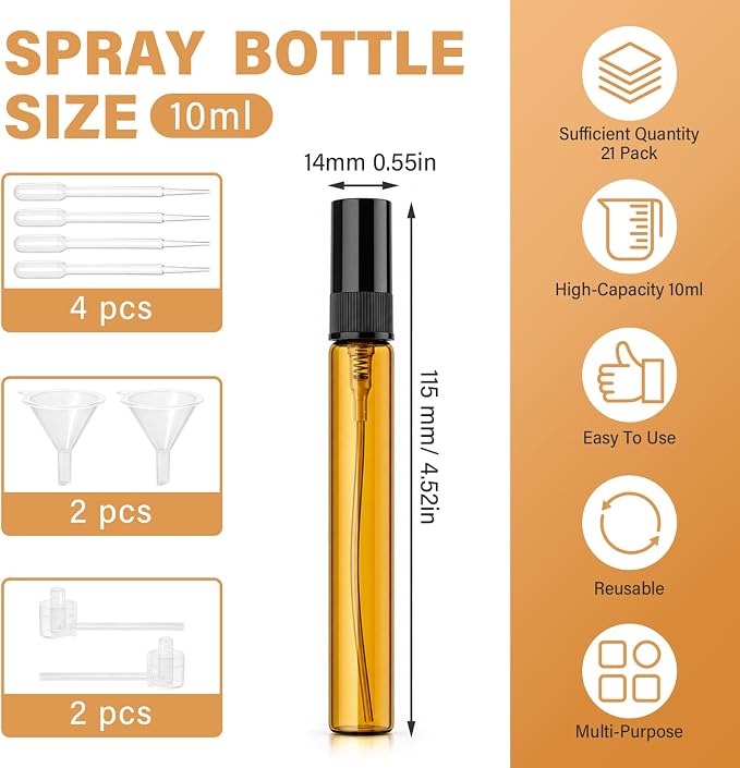 21 Packs Mini Glass Spray Bottles, 10ml Empty Amber Glass Perfume Atomizers | Bulk Refillable Fine Mist Perfume Containers,Travel-size Sample Spray Bottle for Perfume, Essential Oils (Black Caps)