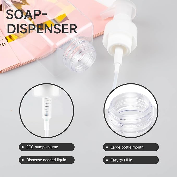 250ML Foaming Soap Dispenser, 2-Pack Plastic Hand Soap Dispenser, Refillable Leakproof Foam Pump Bottle with Waterproof Labels, for Shampoo, Body Wash
