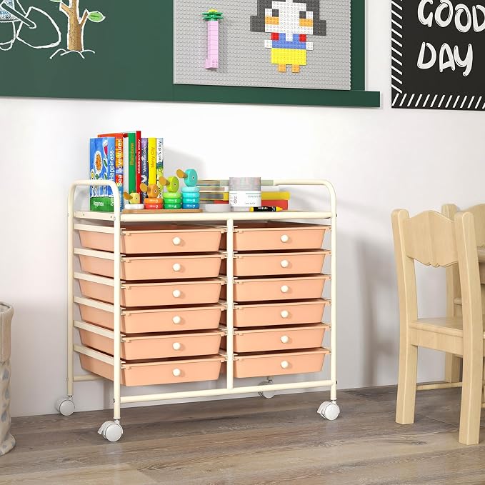 GOFLAME 12-Drawer Rolling Storage Cart, Multifunctional Art Craft Organizer Cart, Mobile Utility Storage Cart with Removable Drawers & Lockable Wheels, Craft Cart for Home Office School, Peach Fuzz