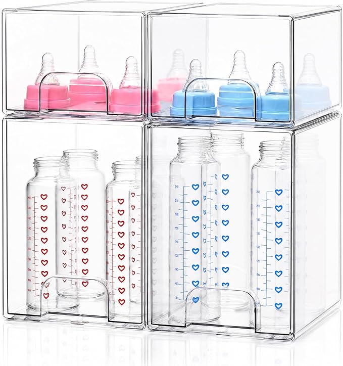 Baby Bottle Organizer, 4 Pack Clear Acrylic Stackable Storage Drawers, Baby Bottle Storage Organizer for Countertop, Nursery, Vanity & Cabinet
