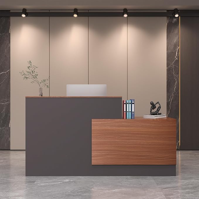 L-Shaped Reception Desk,Large Front Desk with Keyboard Tray, Lockable Drawers & File Cabinet, Receptionist Desk for Checkout,Lobby (Left L-Walnut/Slate Gray, 71''L x 23.6''W x 41.3''H)