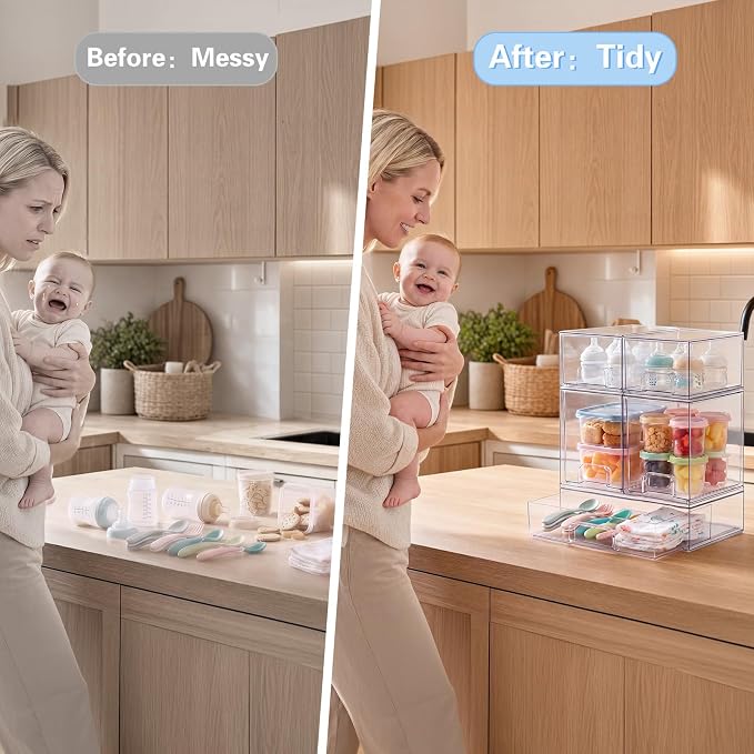 Baby Bottle Organizer, 5 Pack Clear Acrylic Stackable Storage Drawers, Baby Bottle Storage Organizer for Countertop, Nursery, Vanity & Cabinet