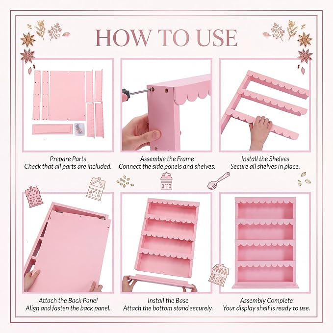 Chunful Vintage Spice Jar Wooden Rack Pink Scalloped Edge Spice Shelf for 24 Jars, Village Style Wall Mounting Kitchen Storage Decorative Hanging Display Rack, Shelf Only(18.7 x 15.75 Inches)