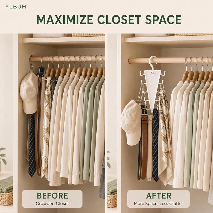 V Shaped Double-Sided Closet Organizer Hanger, 360° Rotating Multi-Layer Vertical Clothes Storage Rack with 12 Hooks, Space Saving Organizer for Hats, Scarves, Belts, Bags and Ties (6PC)