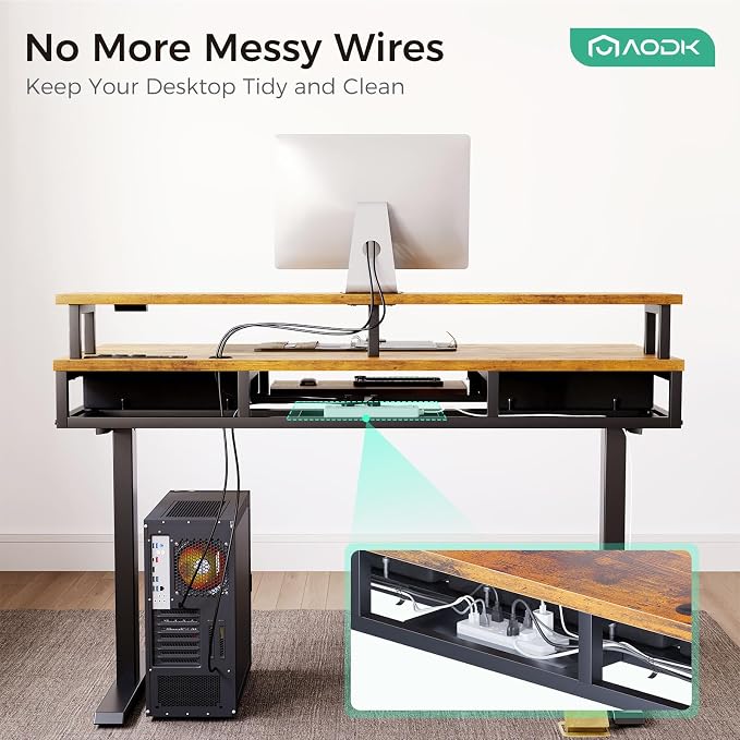 AODK 55 Inch Standing Desk with Drawers & Keyboard Tray, Rustic Brown | 3 Outlets & 2 USB Ports, 20-Mode LED Lights, Monitor Stand, Cable Management Tray, 3 Memory Heights, 29.9"-46.1" in Range