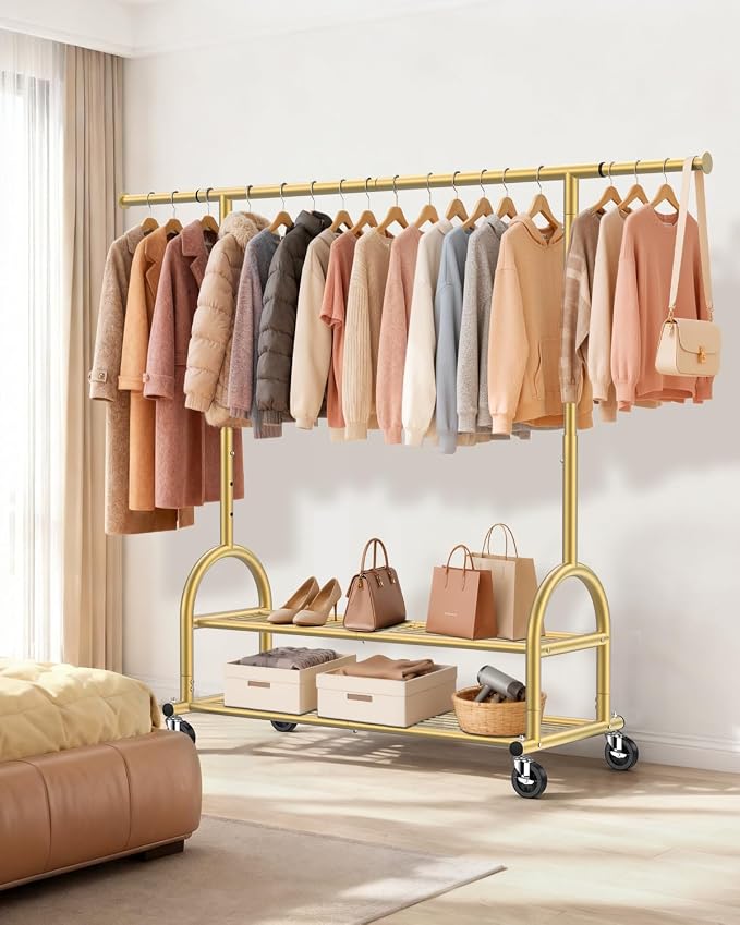 EAGMAK Heavy Duty Clothes Rack for Hanging Clothes Load 556 LBS, Height Adjustable Rolling Clothing Racks, Portable Metal Coat Rack Garment Wardrobe with Wheels and Shelves for Bedroom Laundry, Gold