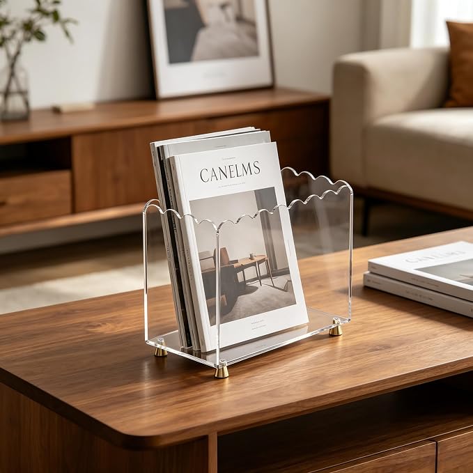 Acrylic Magazine Holder for Desk, Floor Magazine Display Rack Scalloped Clear Acrylic Decorative Organizer Box for Book Storage, Newspaper File Stand with 4 Brass Feets for Office Use