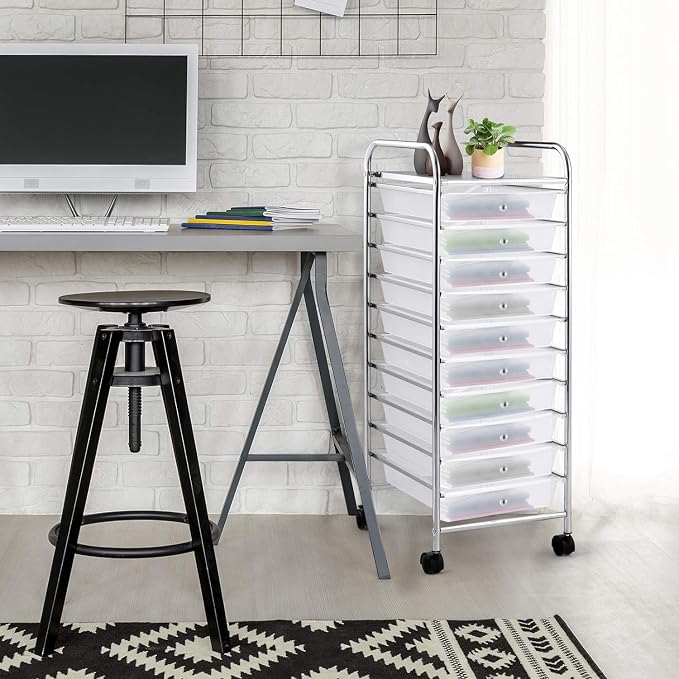 LDAILY 10-Drawer Rolling Storage Cart, Rolling Storage Cart, Storage Organizer on Wheels, Metal Frame, Scrapbook Paper Tools, Suitable for Office School, Classroom (Clear, 10 Drawer)