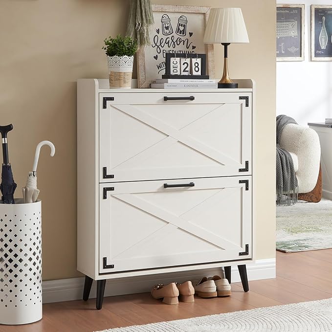 Barnyatoh Shoe Storage Cabinet,Farmhouse Shoe Organizer with 2 Flip Drawers & Barn Door Design,Freestanding Hidden Slim Narrow Shoe Rack Cabinet for Entryway,Foyer,Hallway,Antique White