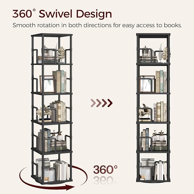 MAHANCRIS 5-Tier Rotating Bookshelf, Freestanding Corner Bookshelf, 360° Spinning Bookcase, Industrial Style Storage Rack with Rails, for Living Room, Bedroom, Study, Black BKBK1601