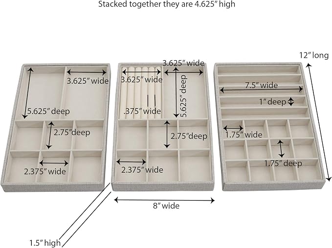 Household Essentials Grey Stacking Jewelry Organizer Box Tray Set with Removable Lid Fabric (744-1)