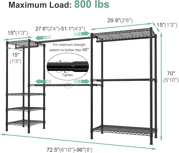 SEMHOR E01 Expandable Heavy Duty Clothes Rack, Free Standing Closet System Organizer, Adjustable Portable Carbon Steel Garment & Clothing Racks for Hanging Clothes (72.5-96"), 800LBS Max Load, Black