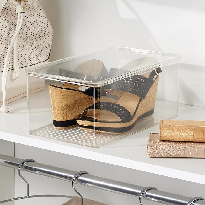 iDesign Stackable Shoe Box with Hinged-Lid, Set of 2, Clear | For Wedges or Sandals, Made in USA