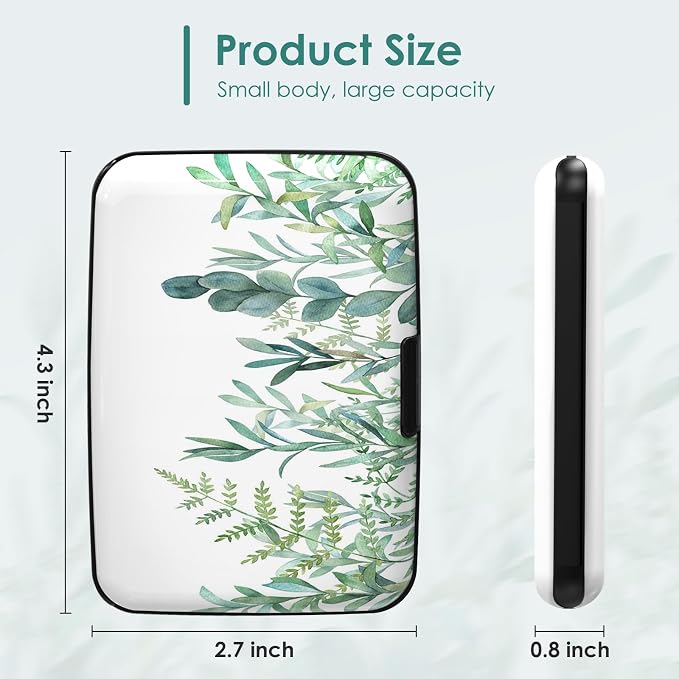Credit Card Holder, RFID Blocking Aluminum Hard Case, Slim Mini Business Metal Wallet for Women Men, Green Plant Leaves