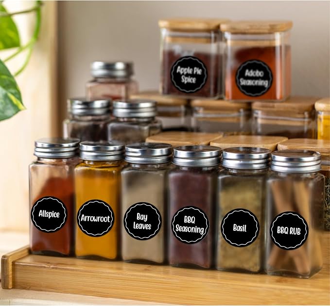 Andiker 144Pcs Spice Jar Labels, Preprinted Self-Adhesive Spice Jar Stickers, Waterproof Seasoning Label Stickers for Jars Bottles and Containers (Round, Black)