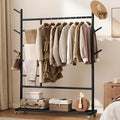 Yoobure Solid Wood Clothing Rack - Rolling Clothes Rack with Wheels, 4-in-1 Coat Rack with Pants Rack & Shelf, Freestanding Clothing Racks for Hanging Clothes, Garment Rack for Closet Bedroom Entryway