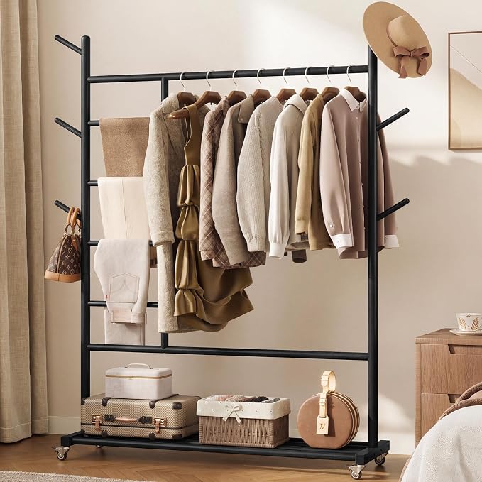 Yoobure Solid Wood Clothing Rack - Rolling Clothes Rack with Wheels, 4-in-1 Coat Rack with Pants Rack & Shelf, Freestanding Clothing Racks for Hanging Clothes, Garment Rack for Closet Bedroom Entryway