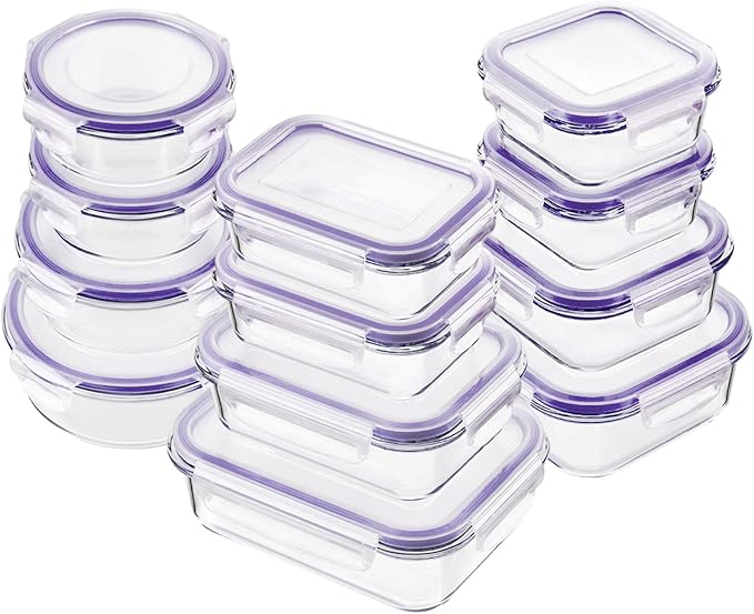 Bayco Glass Food Storage Containers with Lids, [24 Piece] Meal Prep Containers, Airtight Bento Boxes, Leak Proof (12 lids & 12 Containers) - Purple
